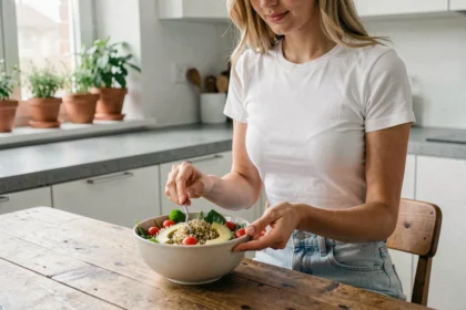Mannequin féminin préparant une salade équilibrée à base de quinoa et d'avocat dans une cuisine moderne au style scandinave