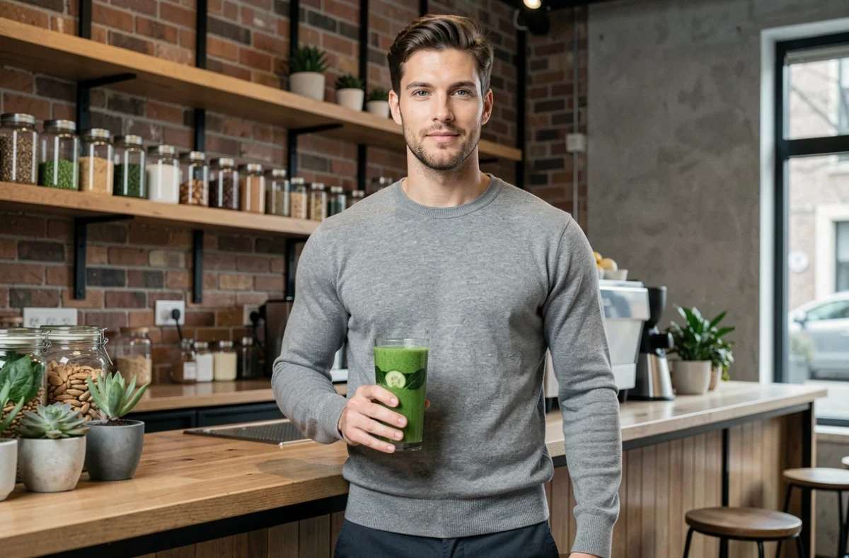 Mannequin masculin tenant un smoothie vert dans un café urbain wellness aux murs en briques apparentes