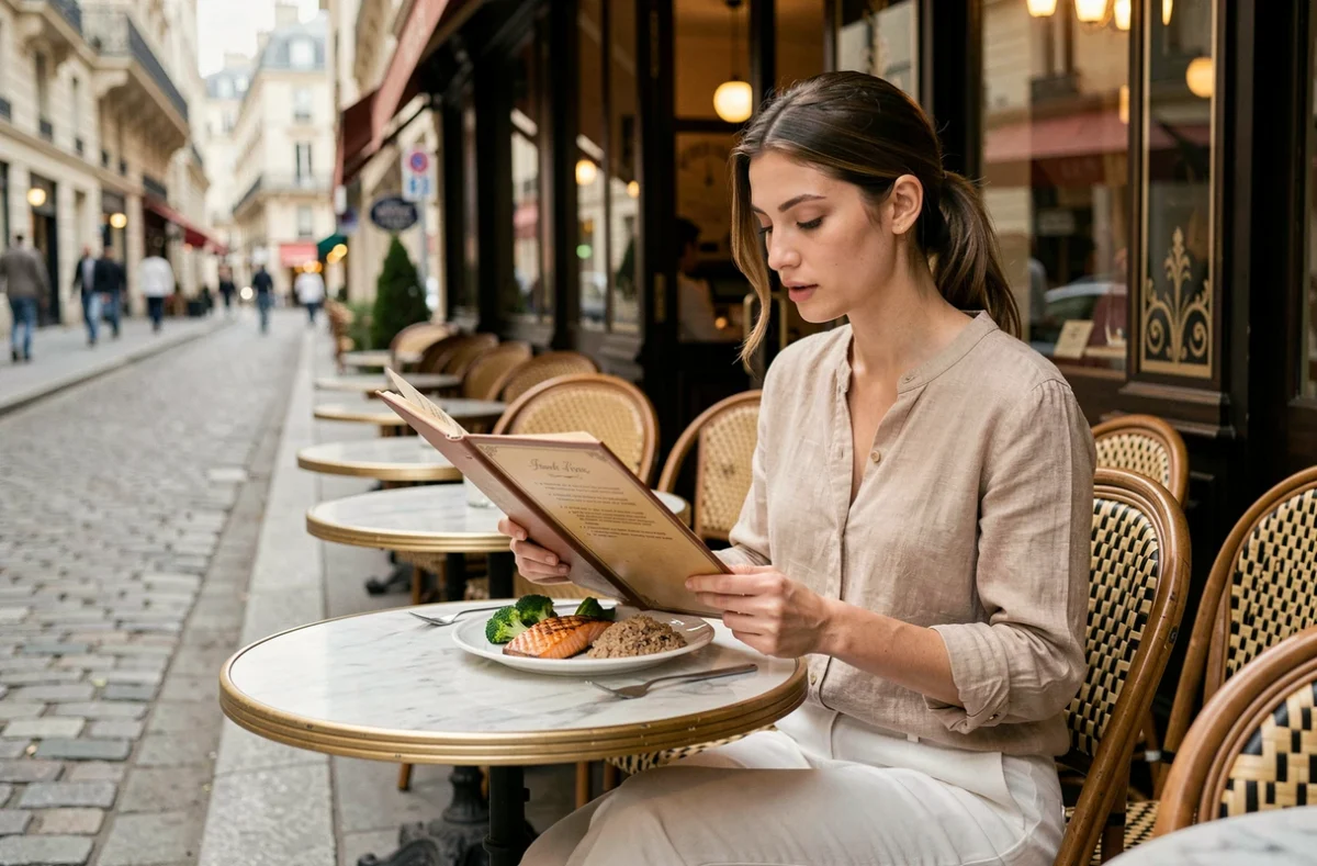 Mannequin féminin dégustant un repas sain de saumon grillé et de riz complet en terrasse de brasserie parisienne