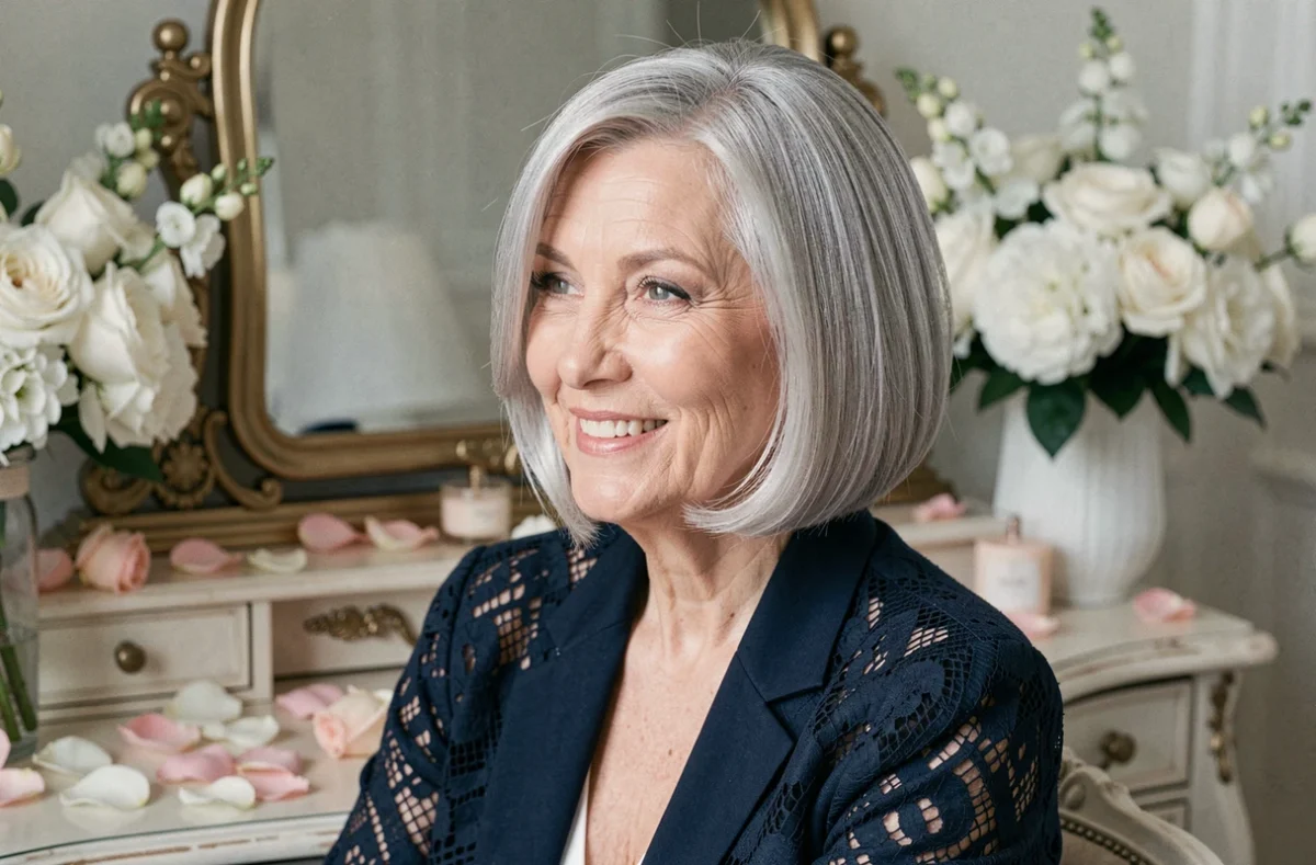 Mère de la mariée aux cheveux courts argentés et coupe au carré impeccable, assise devant une coiffeuse de suite nuptiale entourée de fleurs blanches