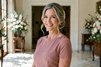 Mère de la mariée élégante avec un chignon sophistiqué et des mèches encadrant le visage, portant une robe rose poudré dans un salon de mariage luxueux