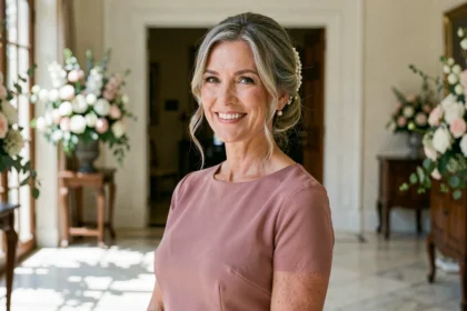 Mère de la mariée élégante avec un chignon sophistiqué et des mèches encadrant le visage, portant une robe rose poudré dans un salon de mariage luxueux