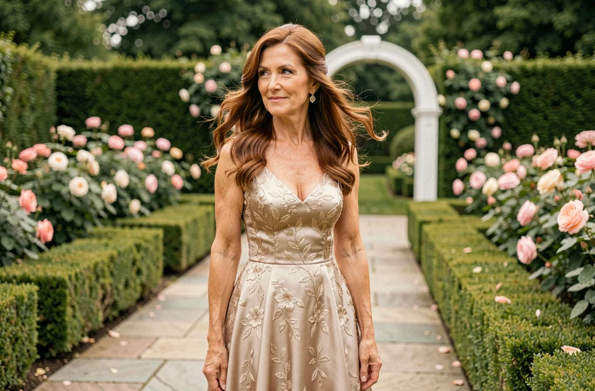 Mère de la mariée avec une coiffure demi-queue à ondulations romantiques et robe brodée champagne dans un jardin de mariage fleuri
