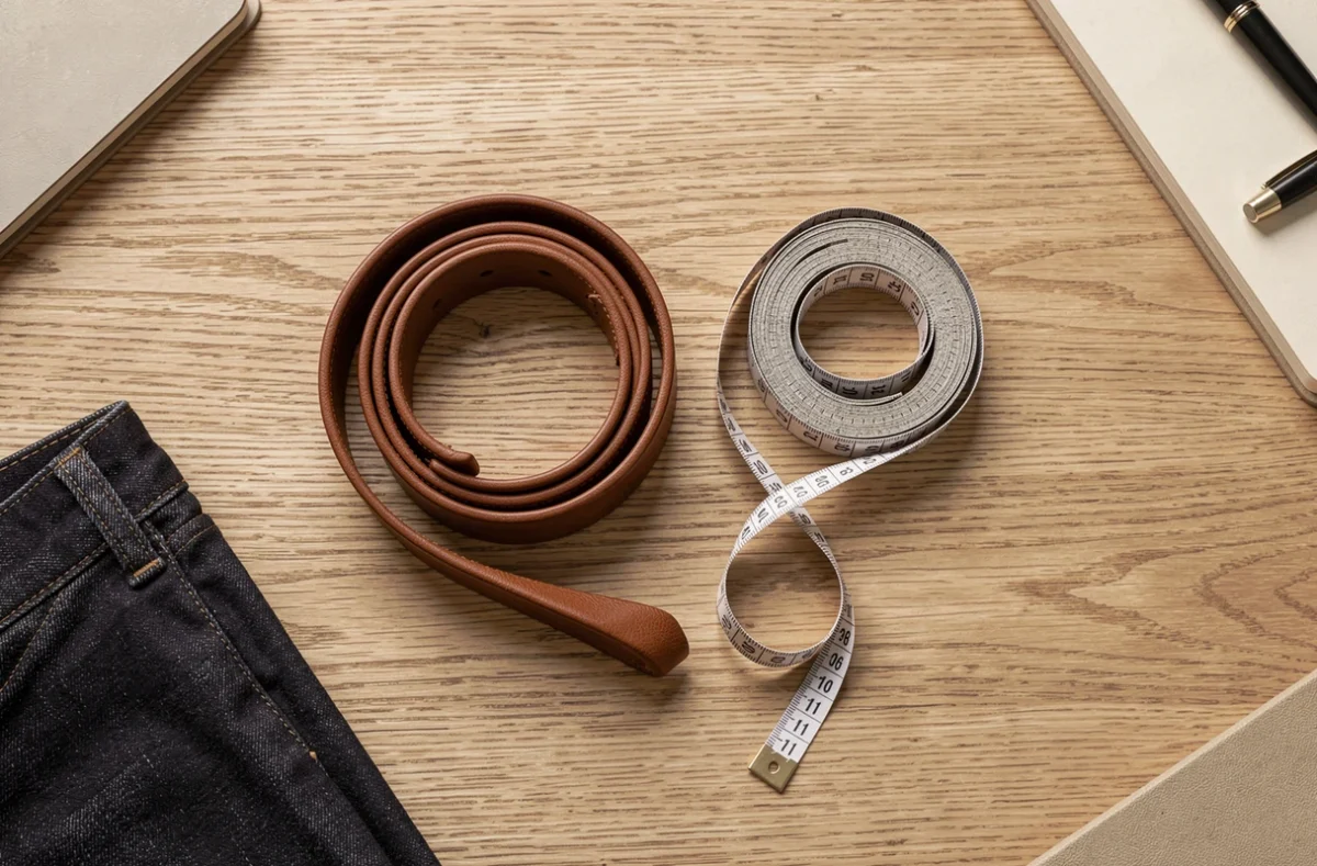 Pose à plat d'une ceinture en cuir homme avec un mètre ruban et un jean, guide des tailles de ceinture XL pour homme