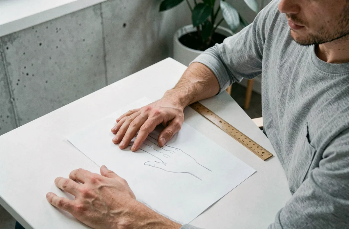 Homme mesurant le contour de son doigt sur papier pour déterminer sa taille de bague
