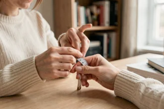 Femme mesurant son doigt avec un mètre ruban pour connaître sa taille de bague