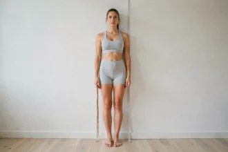 Femme mesurant sa taille debout contre un mur blanc avec un mètre ruban