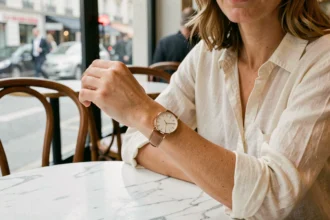 Femme au poignet fin portant une montre fine en or rose avec bracelet en cuir dans un café parisien