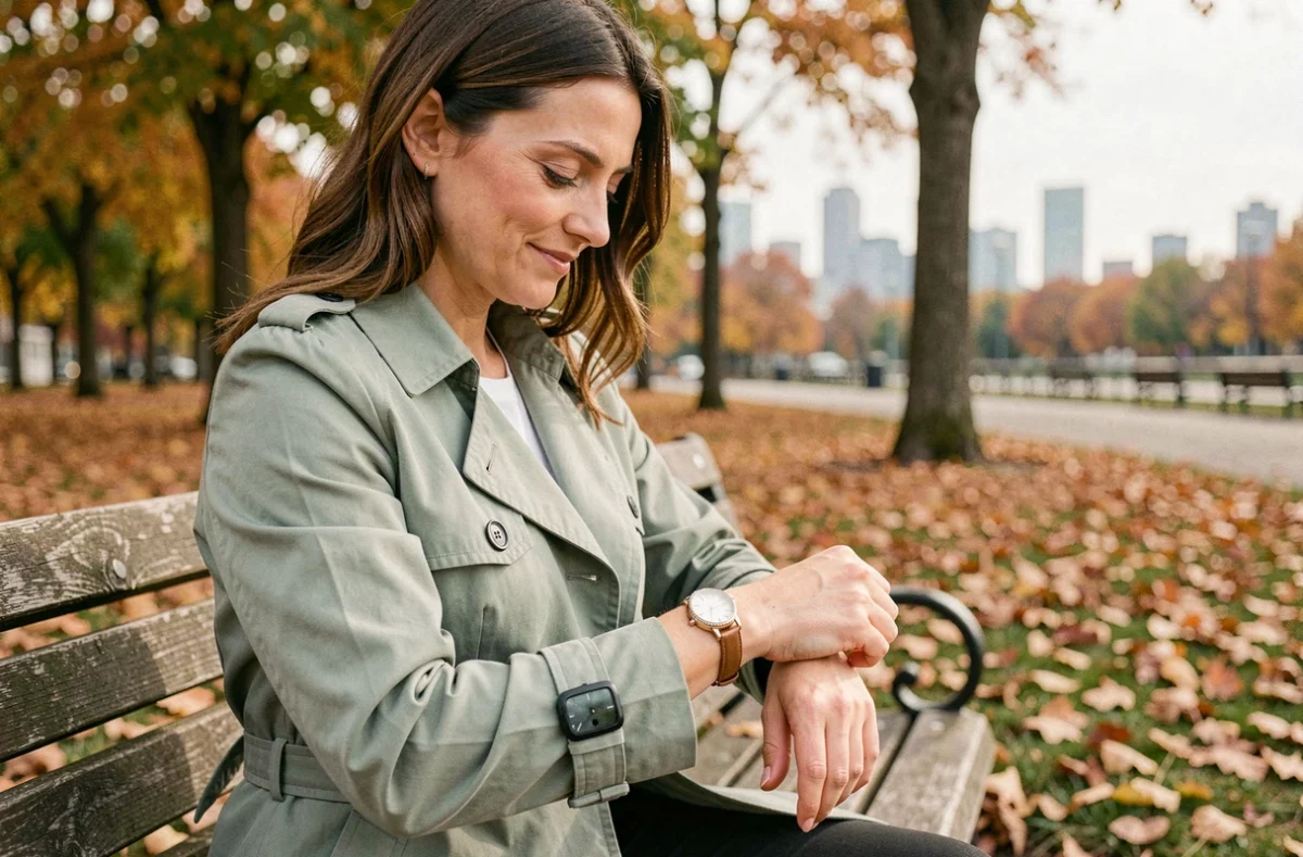 Femme avec un poignet fin portant une montre vintage tonneau dans un parc urbain en automne