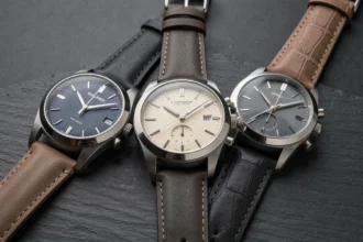 Trois montres de luxe concurrentes posées sur une surface en ardoise, représentant les grandes marques rivales de Rolex
