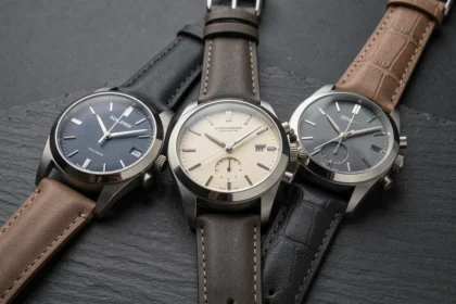 Trois montres de luxe concurrentes posées sur une surface en ardoise, représentant les grandes marques rivales de Rolex