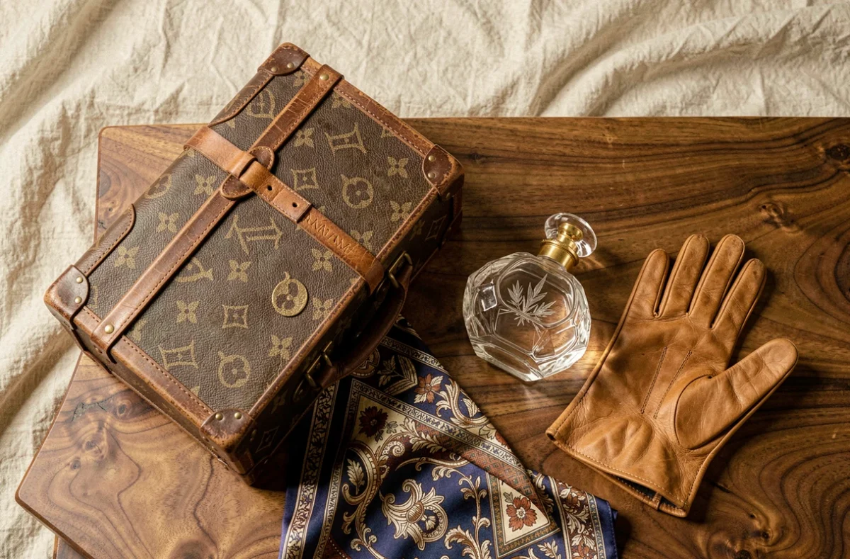 Nature morte d'objets emblématiques des premières maisons de luxe : malle en cuir monogrammée, foulard en soie, flacon de parfum vintage et gant cousu main