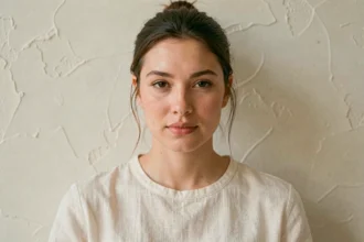 Portrait d'une jeune femme au visage ovale naturel, fond blanc, style éditorial minimaliste