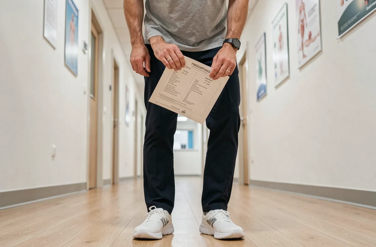 Homme en clinique physiothérapeutique portant des Skechers à semelle souple montrant un affaissement latéral caractéristique