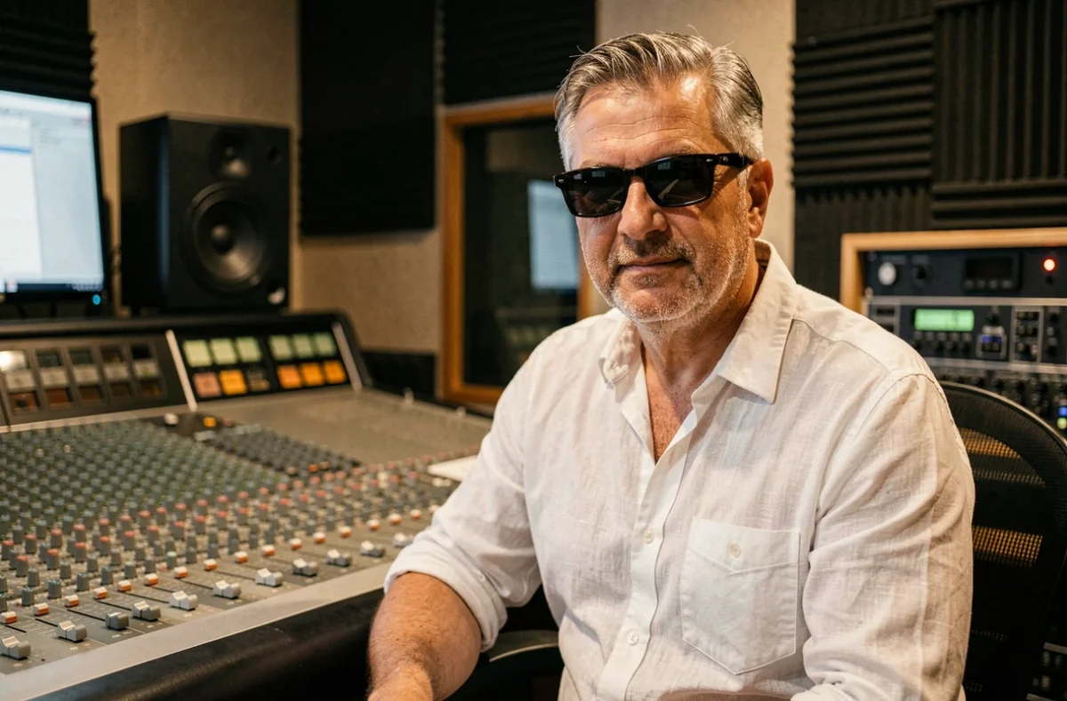 Producteur de musique électronique en studio d'enregistrement professionnel devant une console de mixage