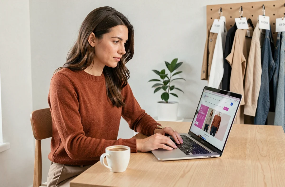 Femme consultant un site de seconde main sur son ordinateur portable depuis son bureau à domicile