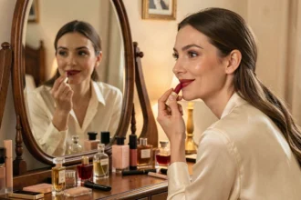 Femme appliquant un rouge à lèvres longue tenue rouge devant un miroir de coiffeuse vintage