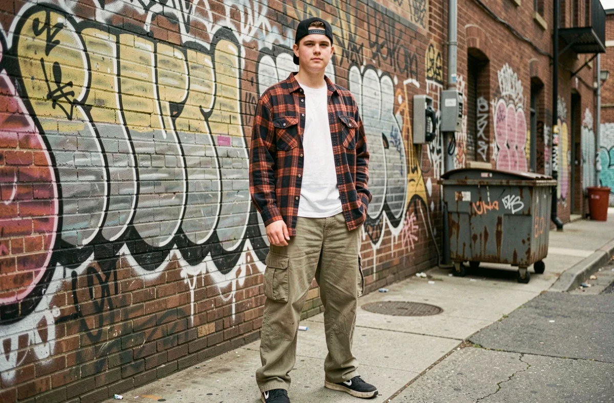 Adolescent en tenue grunge des années 90 devant un mur de graffitis dans une ruelle urbaine