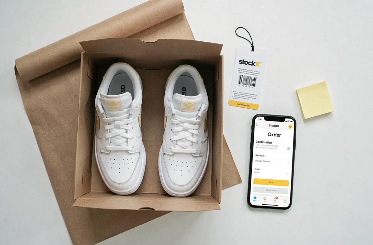 Tag d'authentification StockX à côté de sneakers en boîte et d'un smartphone confirmant une commande