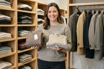 Femme tenant des vêtements avec étiquettes de taille 46 et 48 dans une boutique de mode organisée