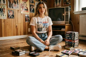 Jeune femme en tenue des années 90 entourée de cassettes VHS et d'un Gameboy dans une chambre rétro
