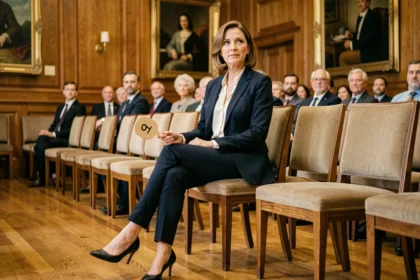 Femme élégamment habillée en blazer marine et blouse crème tenant un numéro de mise lors d'une vente aux enchères dans une salle classique aux murs lambrissés
