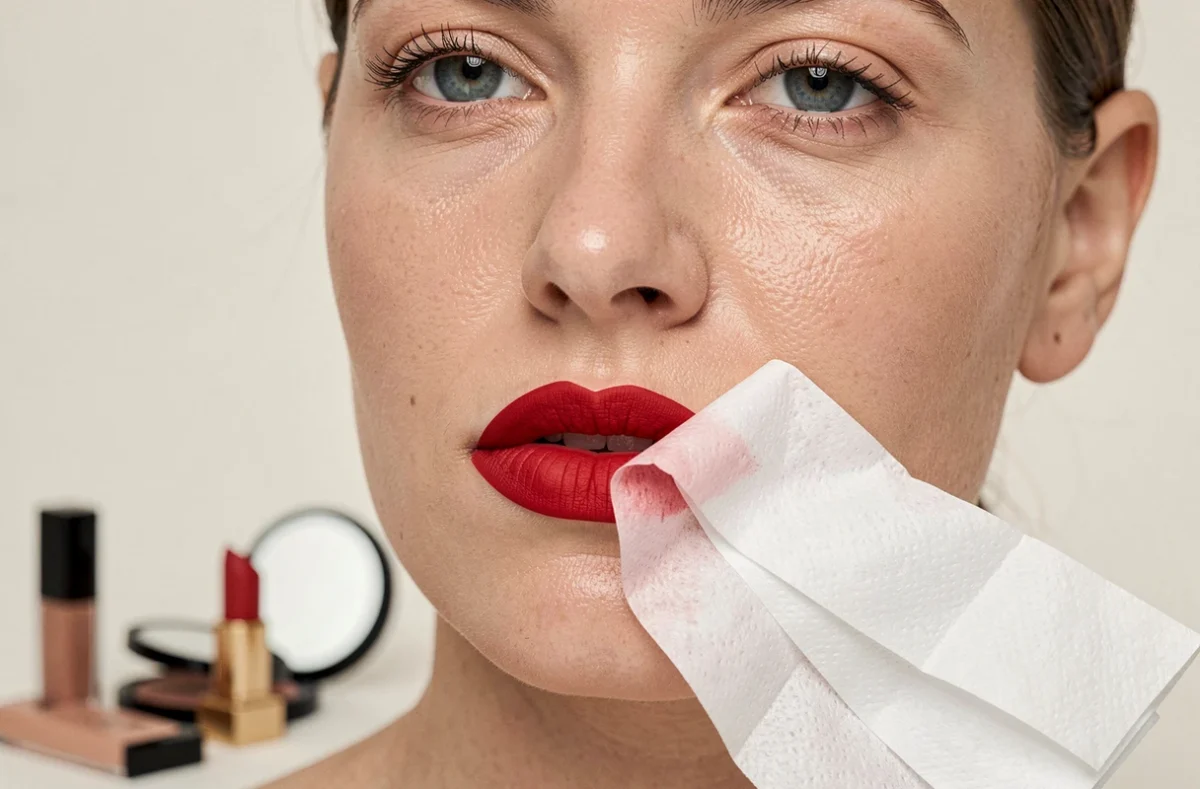 Gros plan sur des lèvres avec rouge à lèvres matte longue tenue et un mouchoir blanc sans trace de couleur