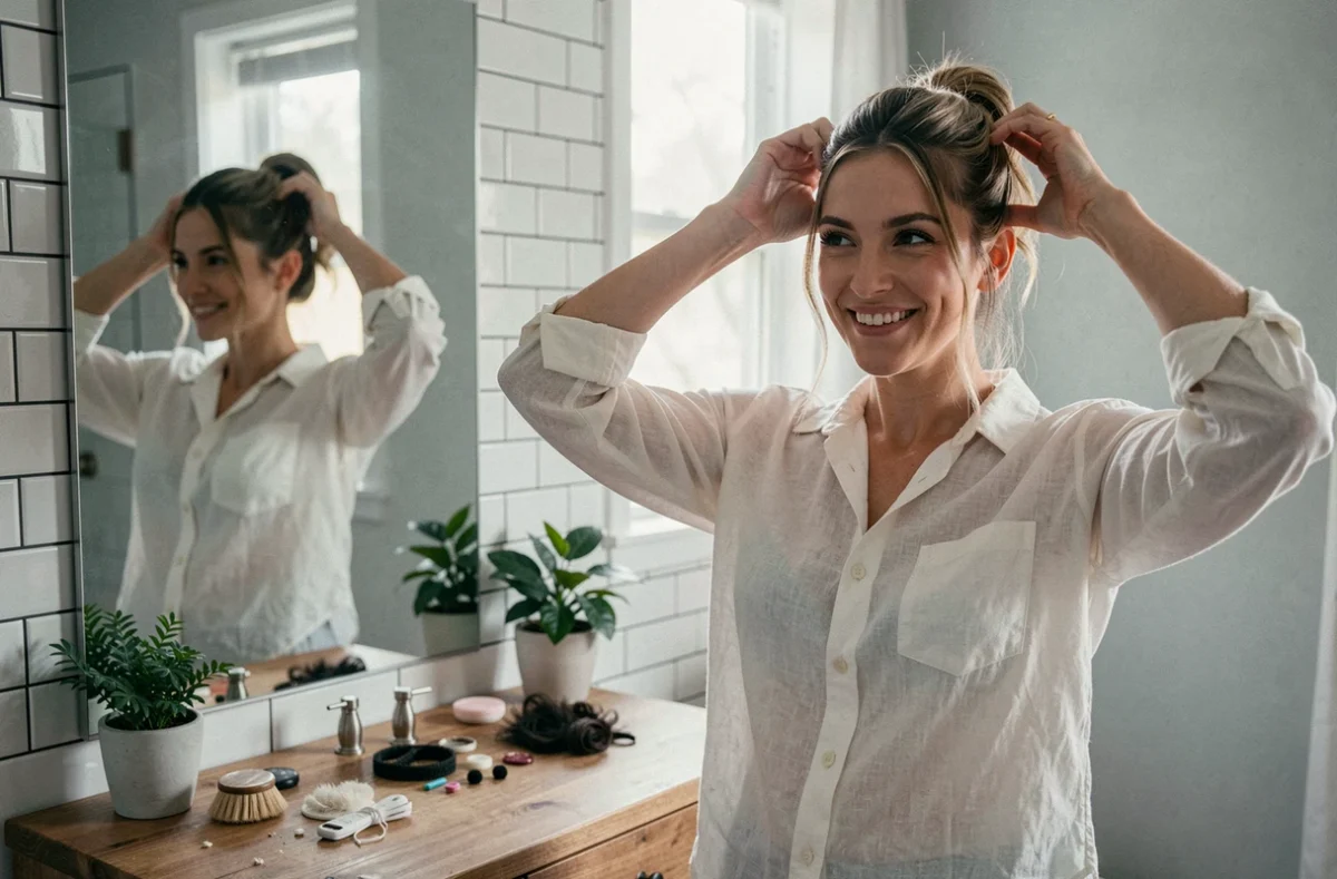 Jeune femme testant une coiffure relevée devant son miroir de salle de bain pour trouver le style adapté à son visage