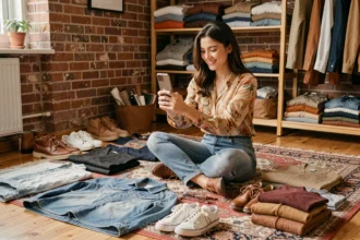 Jeune femme photographiant des vêtements de seconde main pour les vendre sur un site de revente en ligne