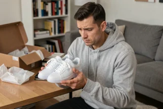 Homme examinant des sneakers reçues via StockX pour vérifier leur authenticité