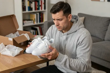 Homme examinant des sneakers reçues via StockX pour vérifier leur authenticité