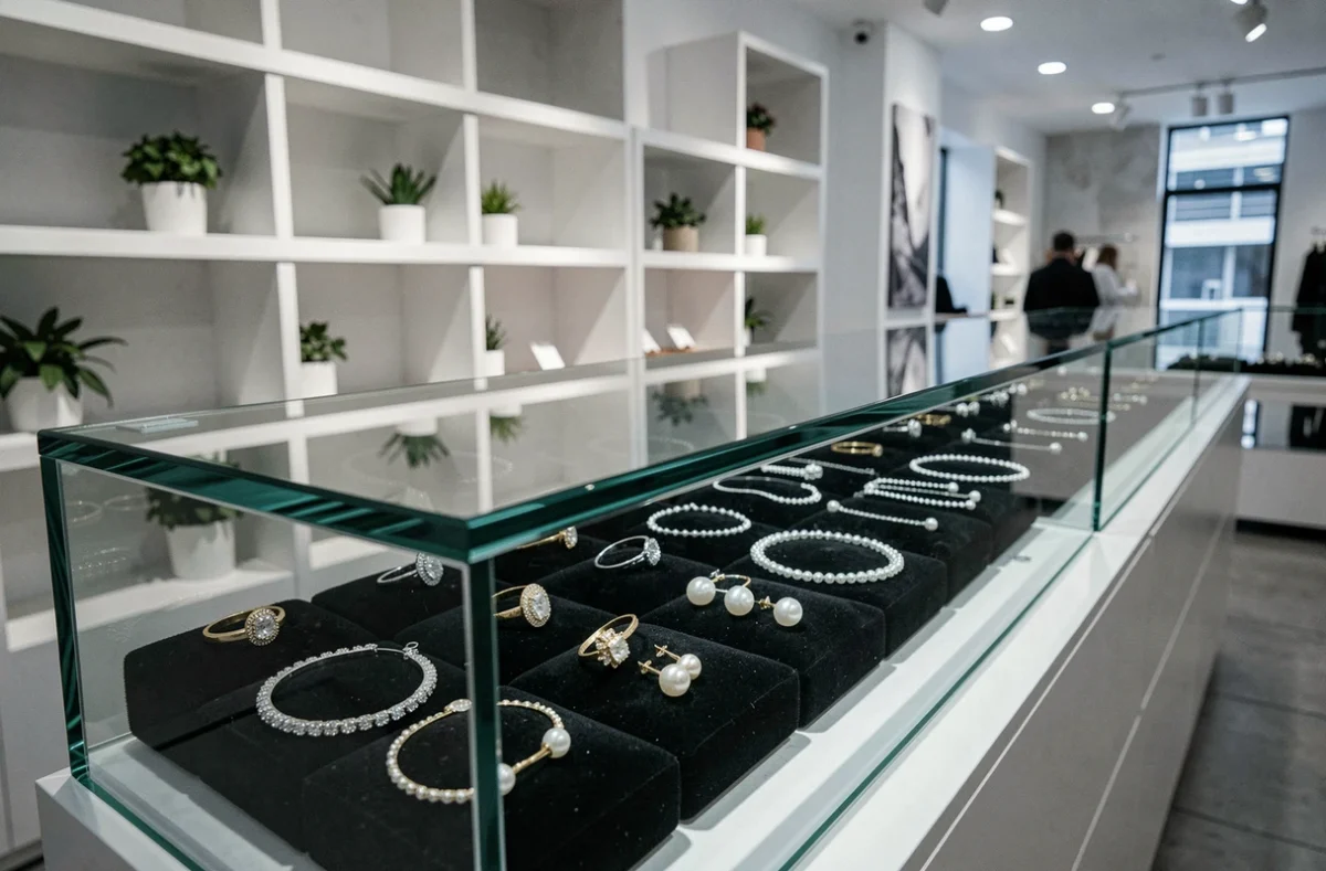 Vitrine de bijouterie avec bagues, boucles d'oreilles et bracelets exposés sur velours noir, bijoux les plus populaires en boutique
