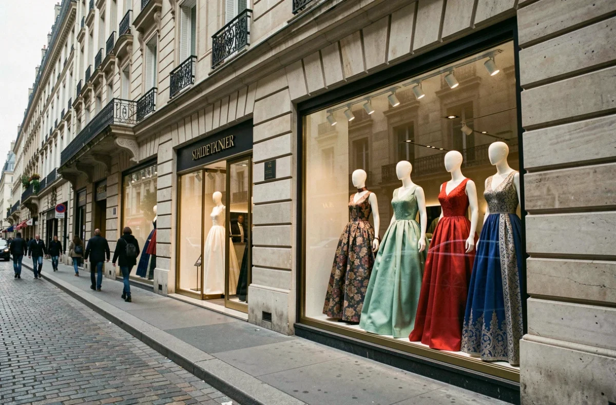 Vitrine de haute couture sur une avenue prestigieuse de Paris avec des mannequins habillés en robes de grandes maisons rivales, représentant la concurrence entre Dior et les autres géants du luxe mondial.